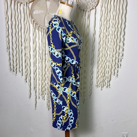 J. McLaughlin Blue Chain Detail Drawstring Waist Boatneck Dress Size Small - Picture 5 of 10
